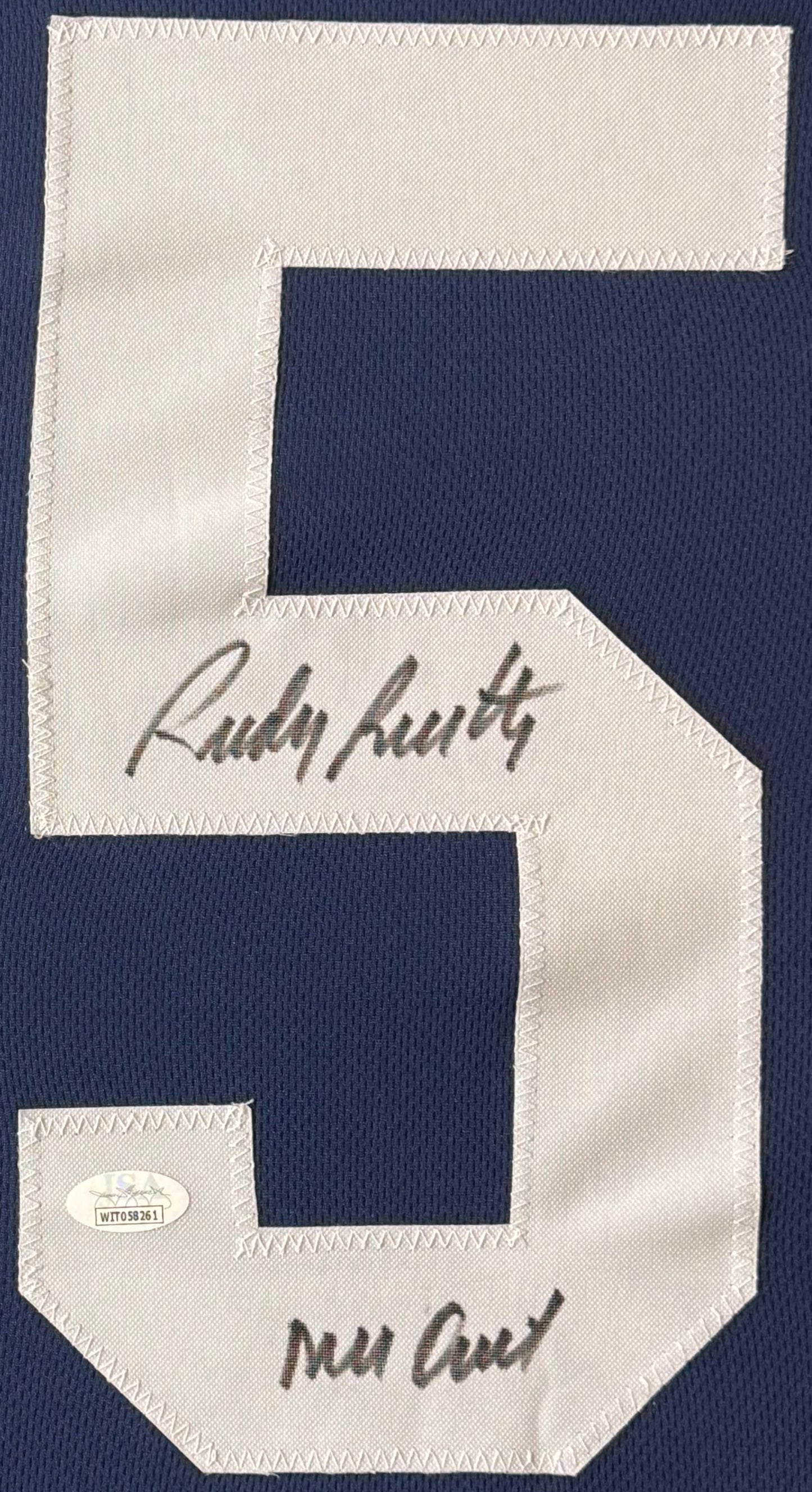 Rudy Ruettiger Signed Notre Dame Fighting Irish Jersey Framed JSA COA INSCRIBED - Close up of Number
