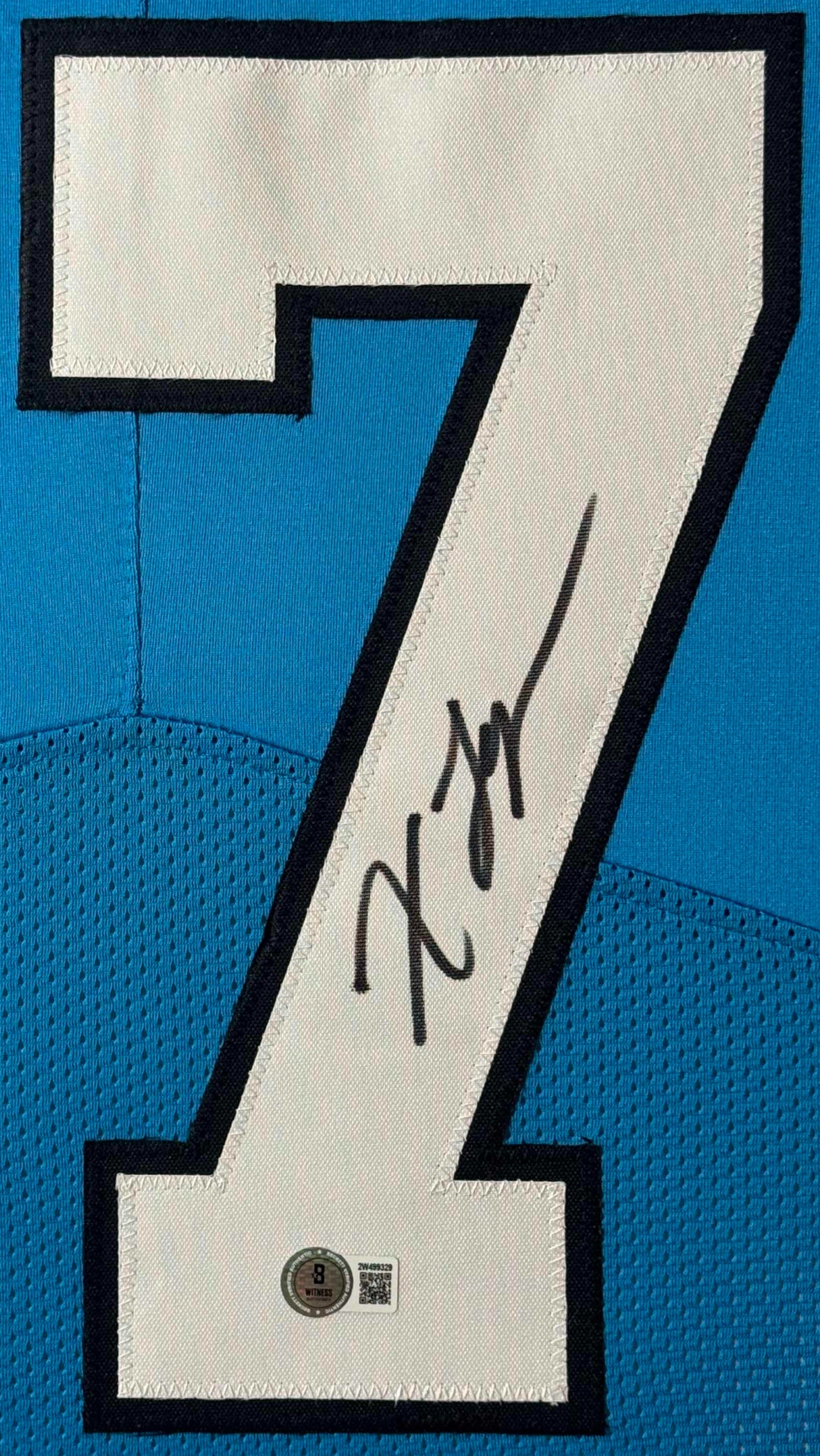 Xavier Legette Signed Carolina Panthers Jersey Framed Beckett COA - Close up of Number