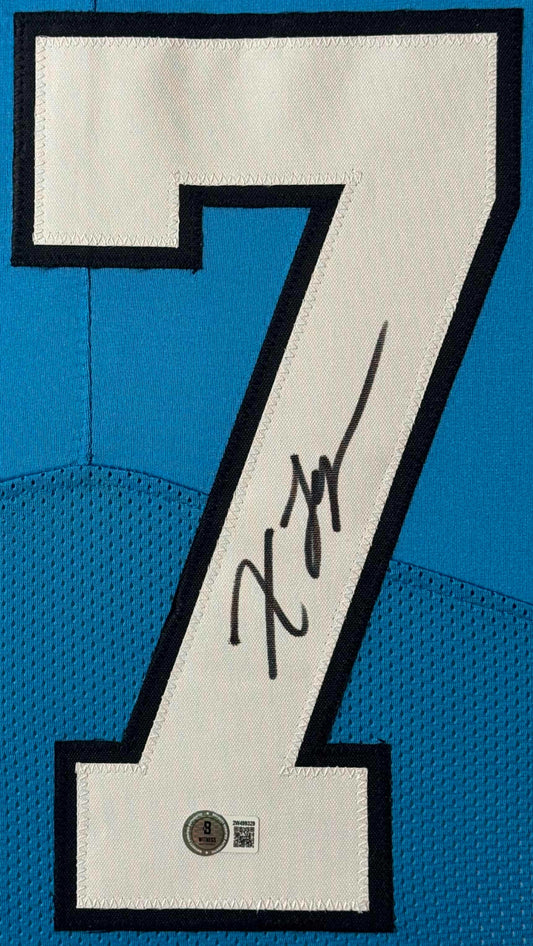 Xavier Legette Signed Carolina Panthers Jersey Framed Beckett COA - Close up of Number