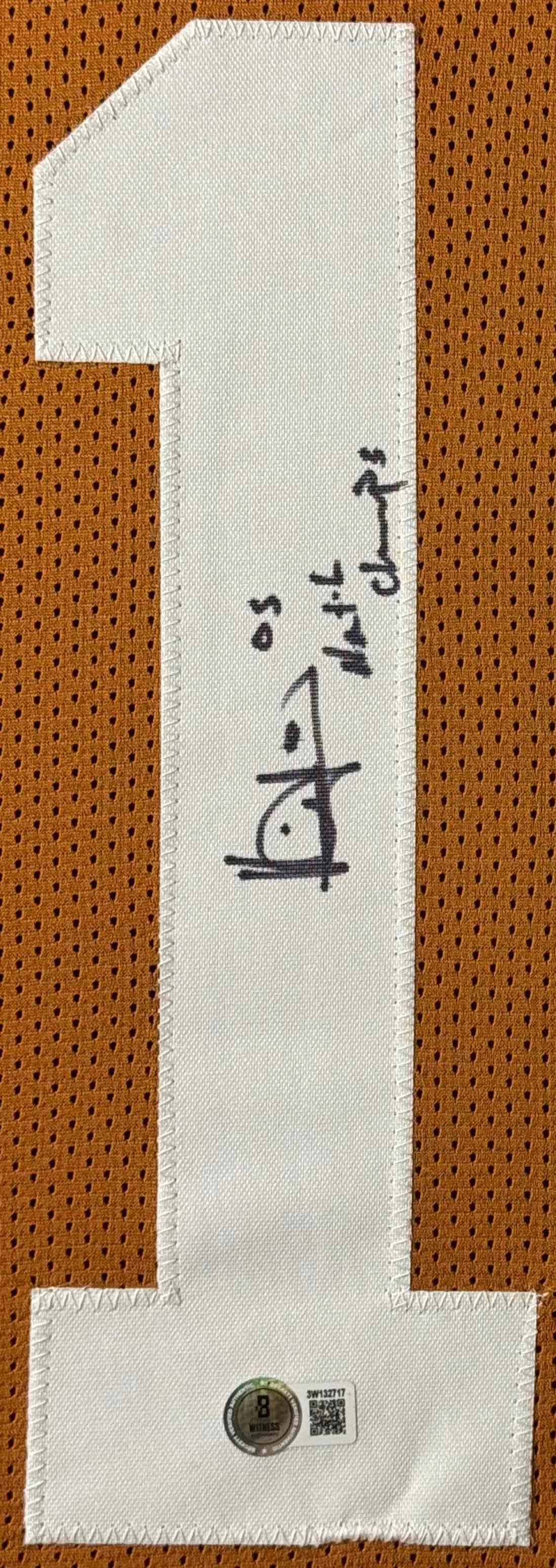Vince Young Signed Texas Longhorns Jersey Framed Beckett COA INSCRIBED - Close up of Number