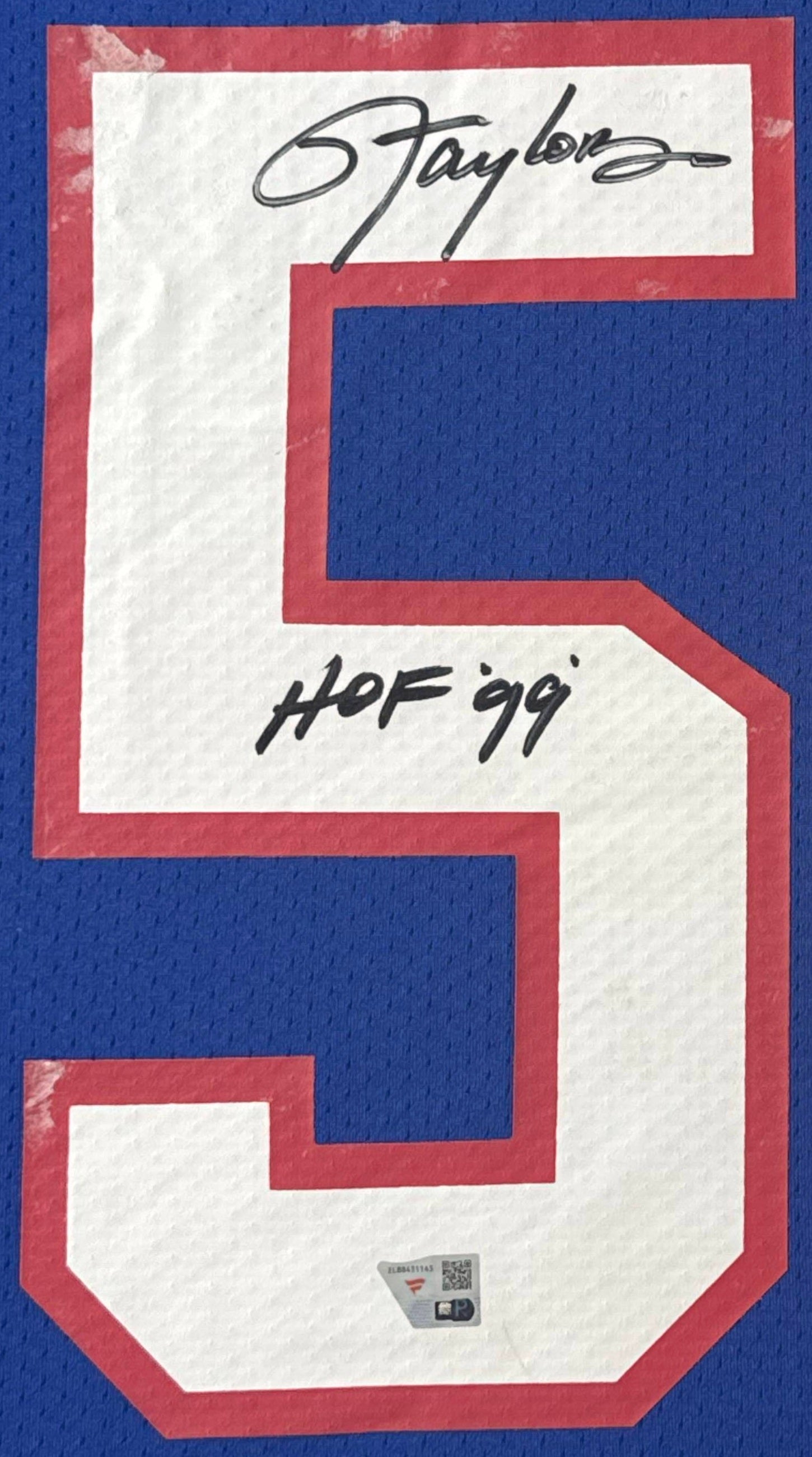 Lawrence Taylor Signed New York Giants Mitchell & Ness Jersey Framed Fanatics COA INSCRIBED - Close up of Number