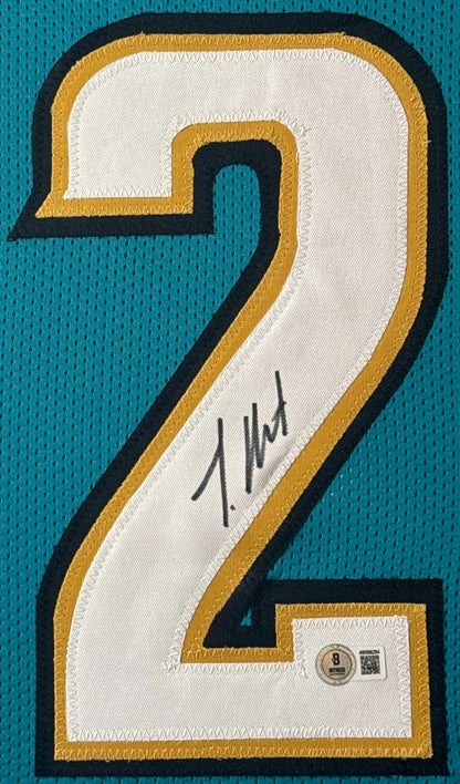Travis Hunter Signed Jacksonville Jaguars Jersey Framed Beckett COA - Close up of Number