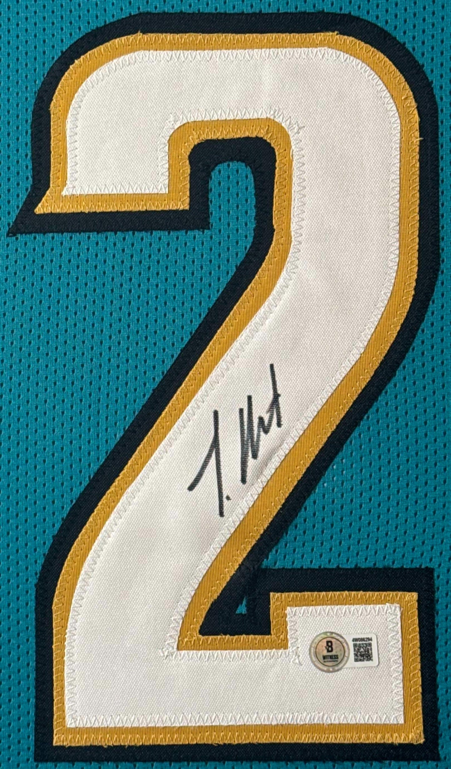 Travis Hunter Signed Jacksonville Jaguars Jersey Framed Beckett COA - Close up of Number