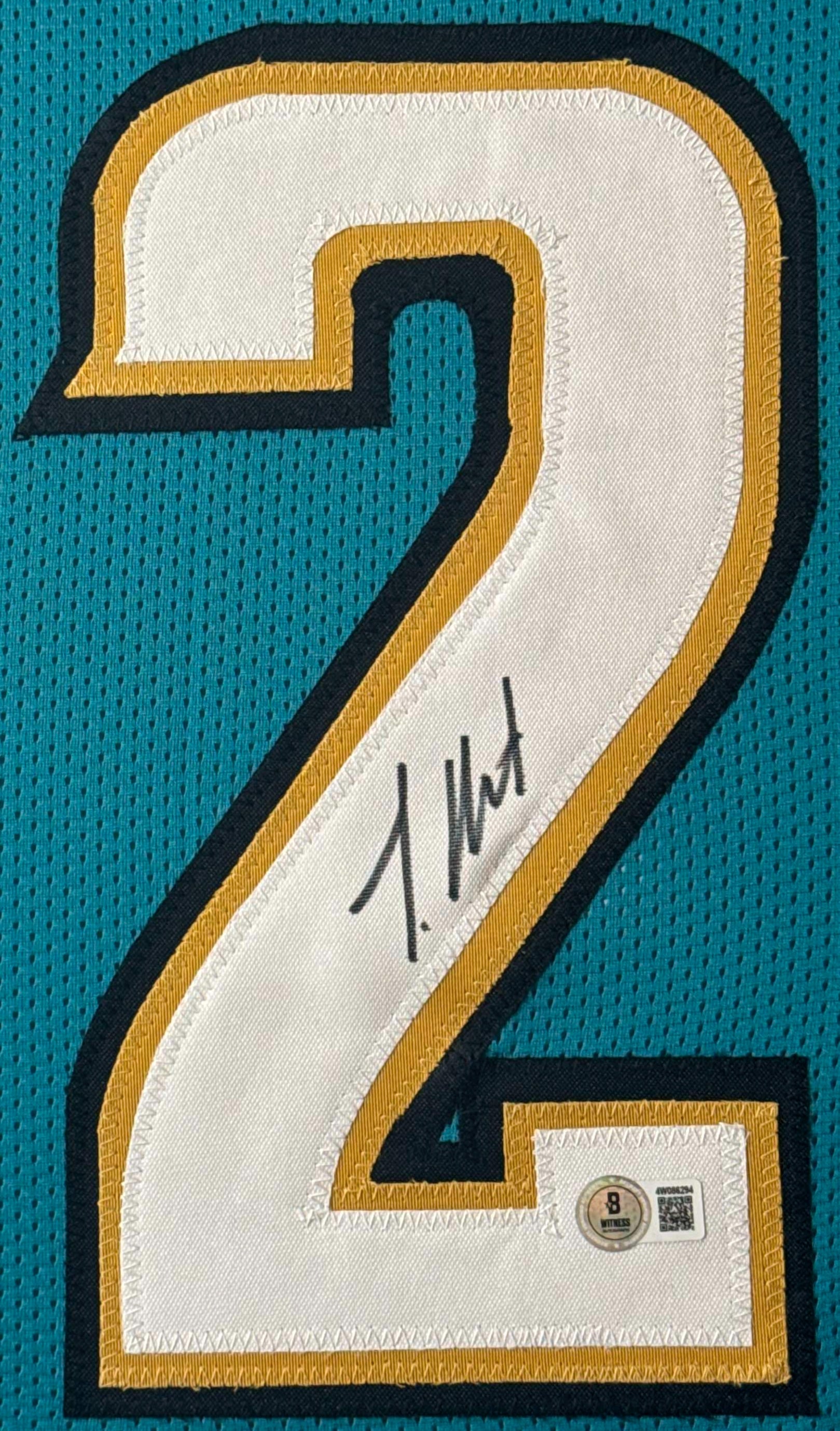 Travis Hunter Signed Jacksonville Jaguars Jersey Framed Beckett COA - Close up of Number