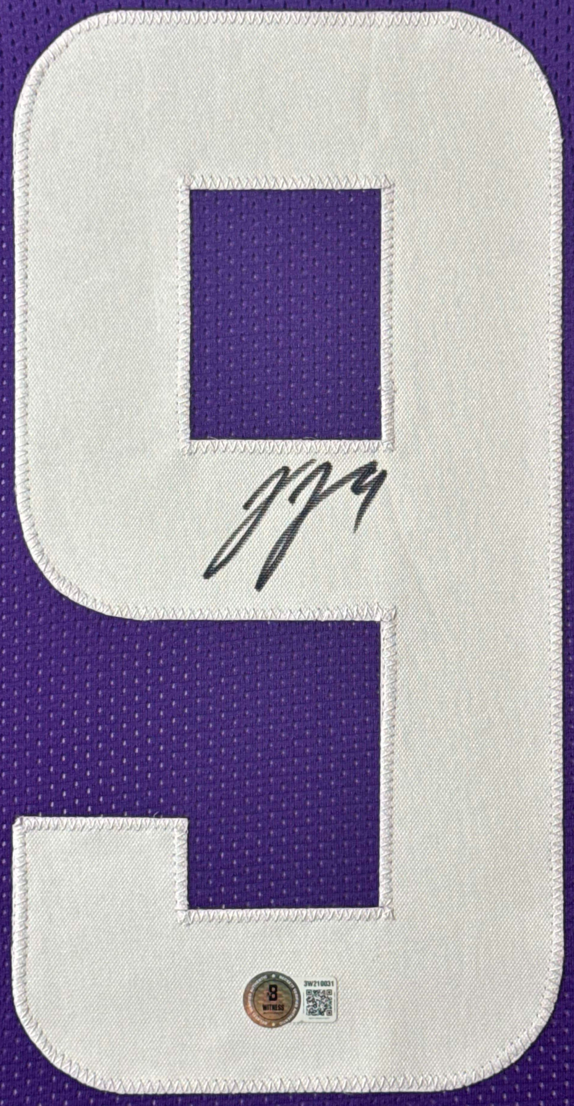 JJ McCarthy Signed Minnesota Vikings Jersey Framed Beckett COA - Close up of Number