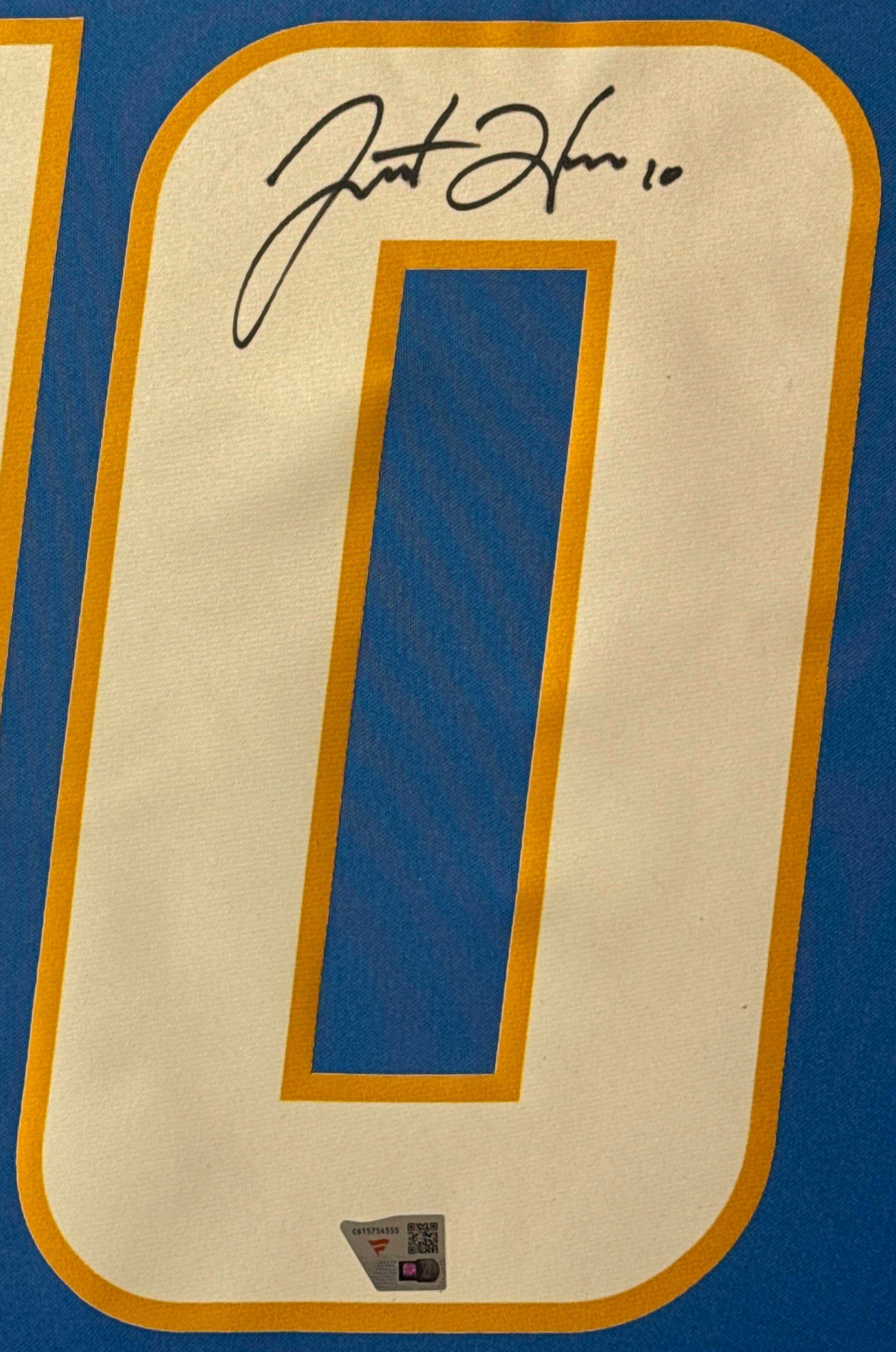 Justin Herbert Signed Los Angeles Chargers Nike Jersey Framed Fanatics COA - Close up of Number