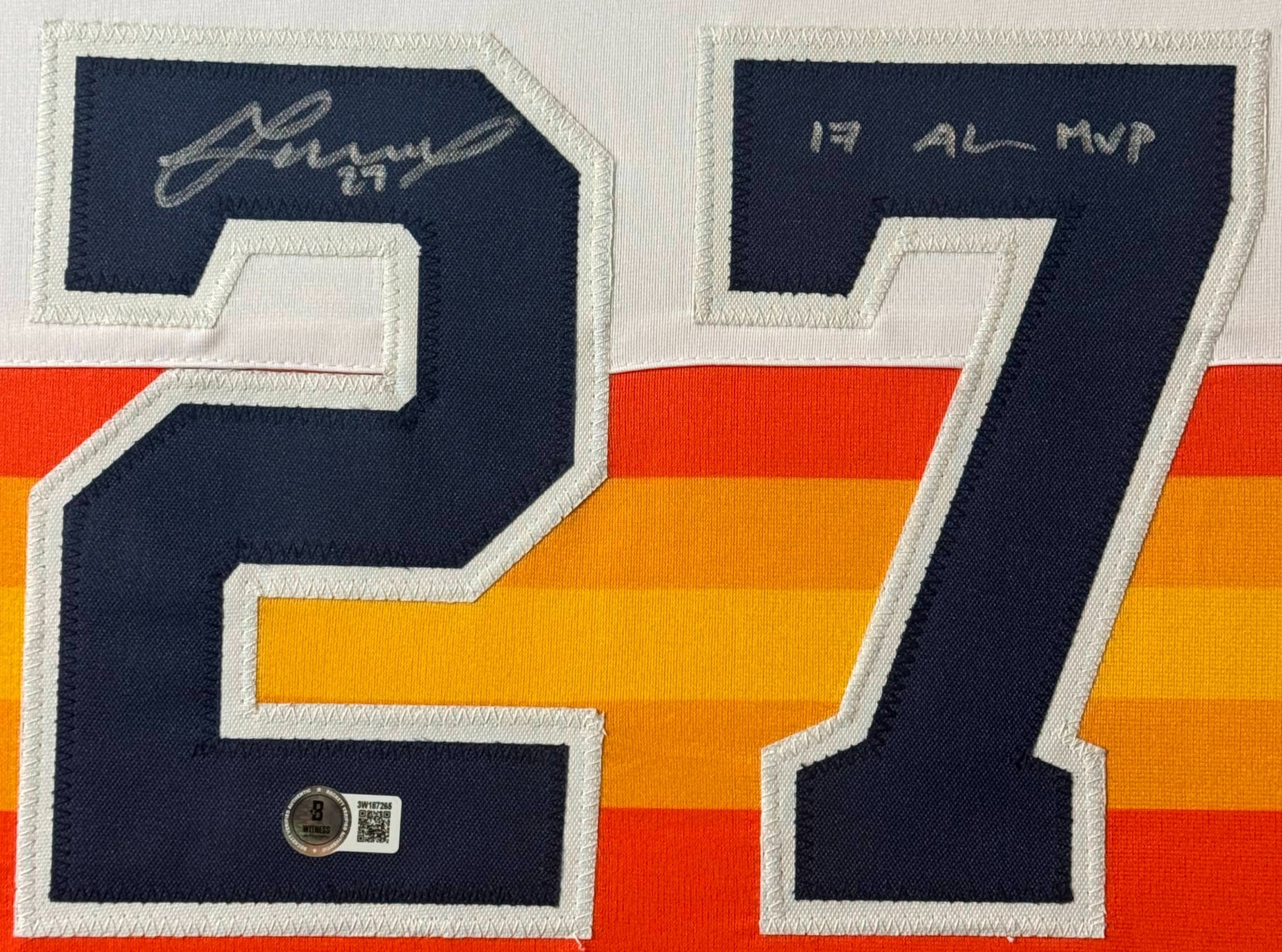 Jose Altuve Signed Houston Astros Jersey Framed Beckett COA INSCRIBED - Close up of Number