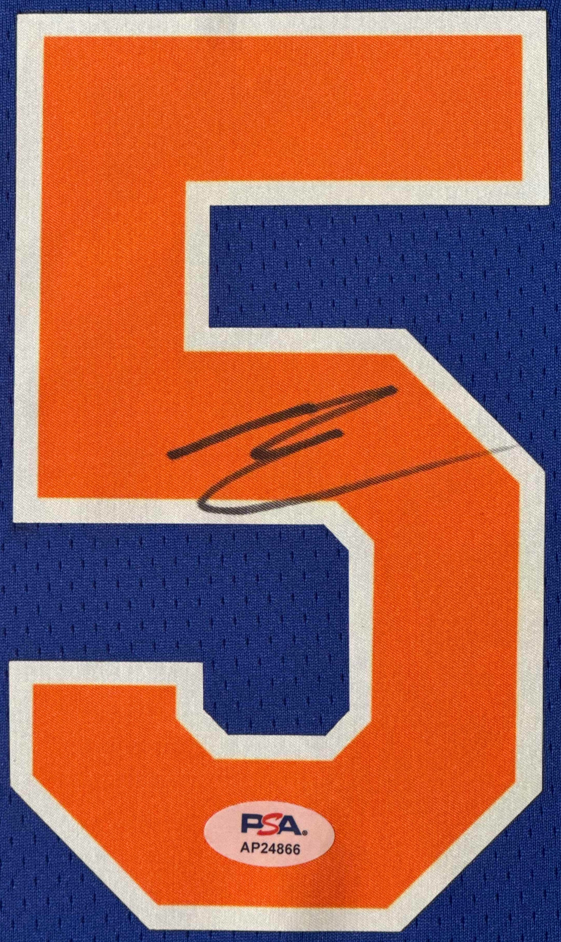 Mikal Bridges Signed New York Knicks Nike Jersey Framed PSA COA - Close up of Number