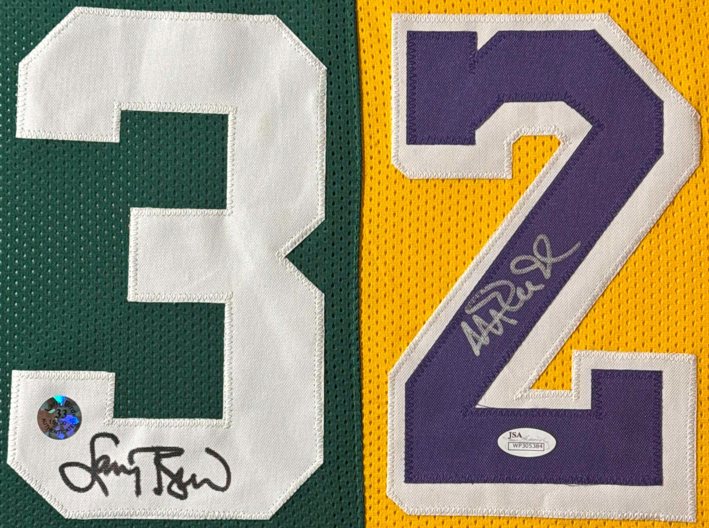Larry Bird & Magic Johnson Signed Boston Celtics & Los Angeles Lakers Jersey Framed JSA & Larry Bird Holograms COA - Close up of Number