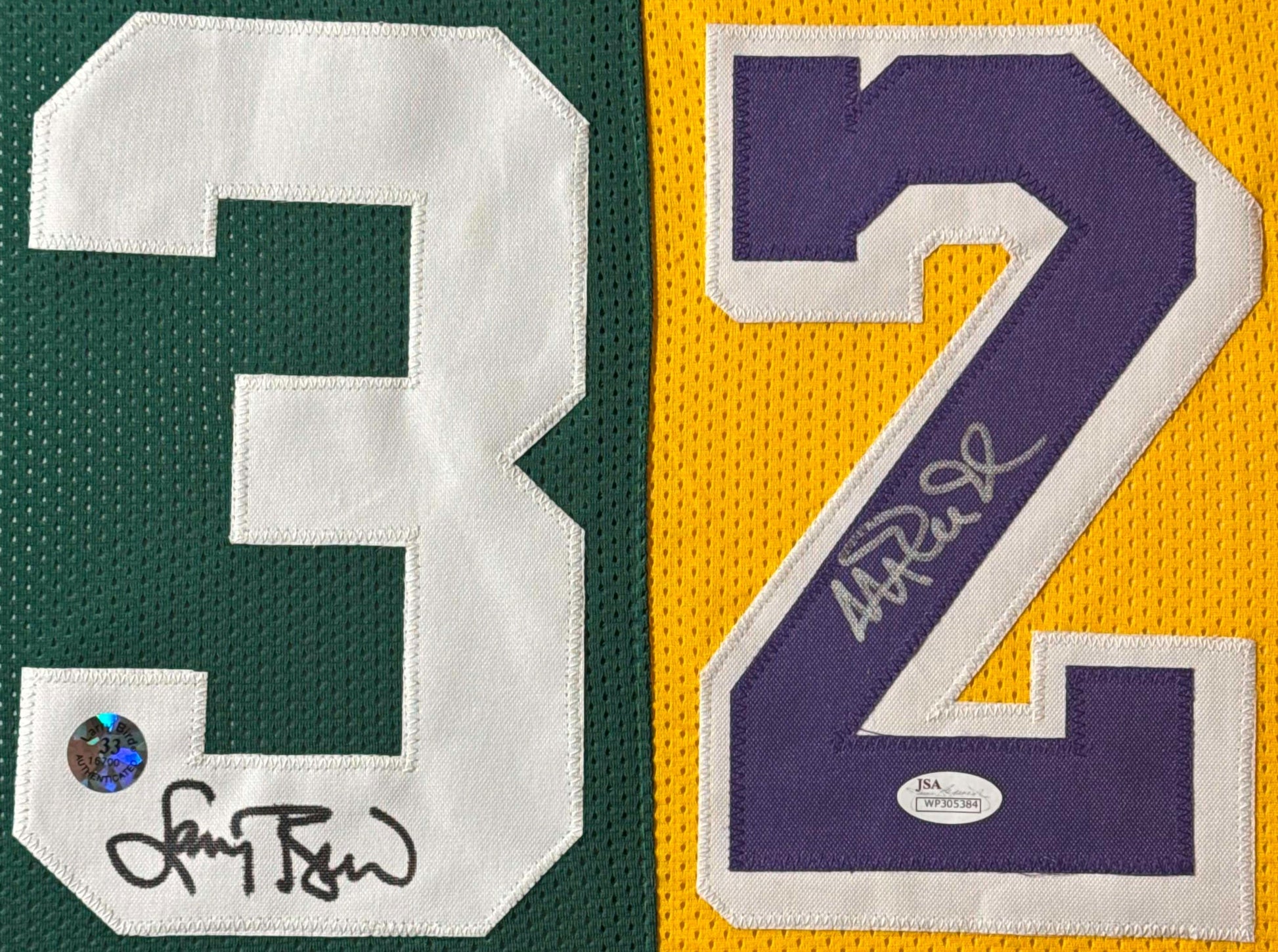 Larry Bird & Magic Johnson Signed Celtics & Lakers Jersey Framed JSA & Larry Bird Holograms COA - Close up of Number