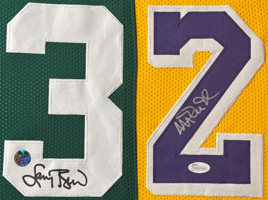 Larry Bird & Magic Johnson Signed Celtics & Lakers Jersey Framed JSA & Larry Bird Holograms COA - Close up of Number
