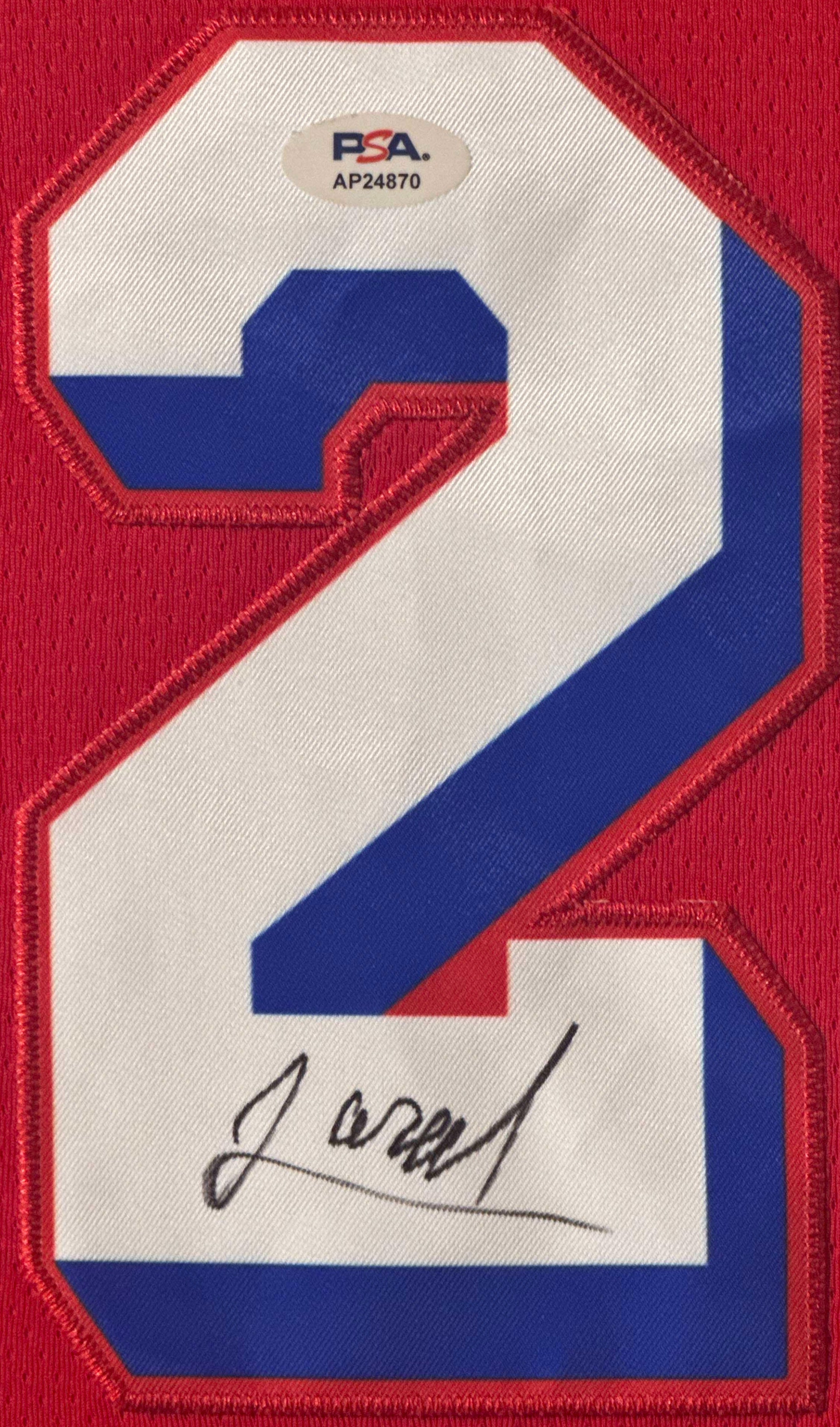 Jared McCain Signed Philadelphia 76ers Jersey Framed PSA COA - Close up of Number