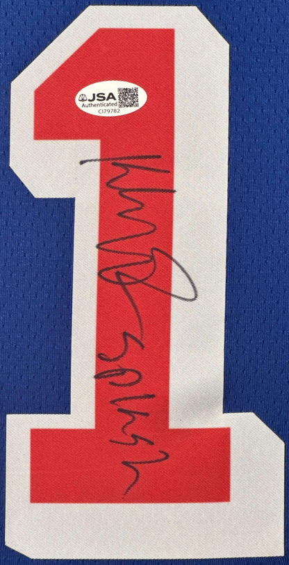 Klay Thompson Signed Golden State Warriors Nike Jersey Framed JSA COA INSCRIBED - Close up of Number