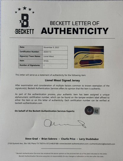 Lionel Messi Signed FC Barcelona Nike Jersey Framed Beckett LOA & COA - LOA photo