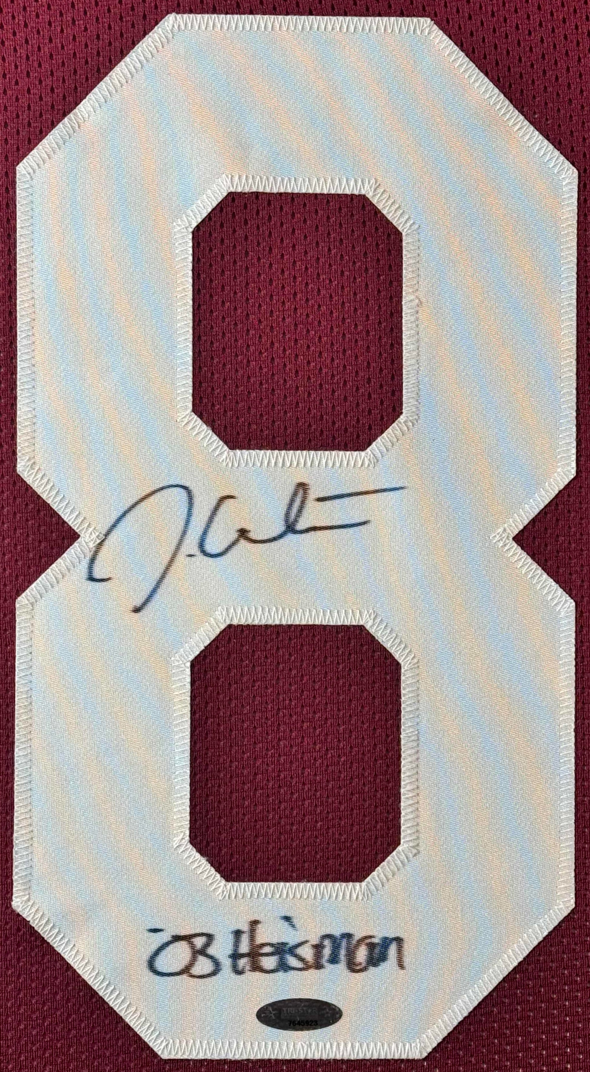 Jason White Signed Oklahoma Sooners Jersey Framed TRISTAR Authentic COA - Close up of Number