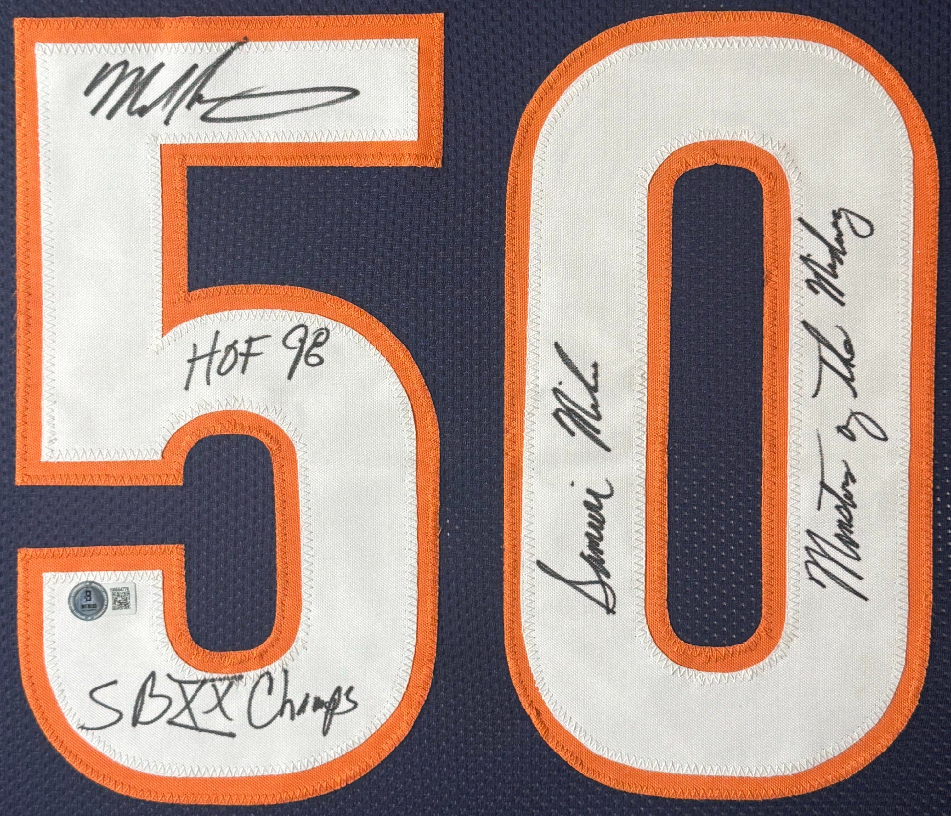 Mike Singletary Signed Chicago Bears Jersey Framed Beckett COA INSCRIBED - Close up of Number