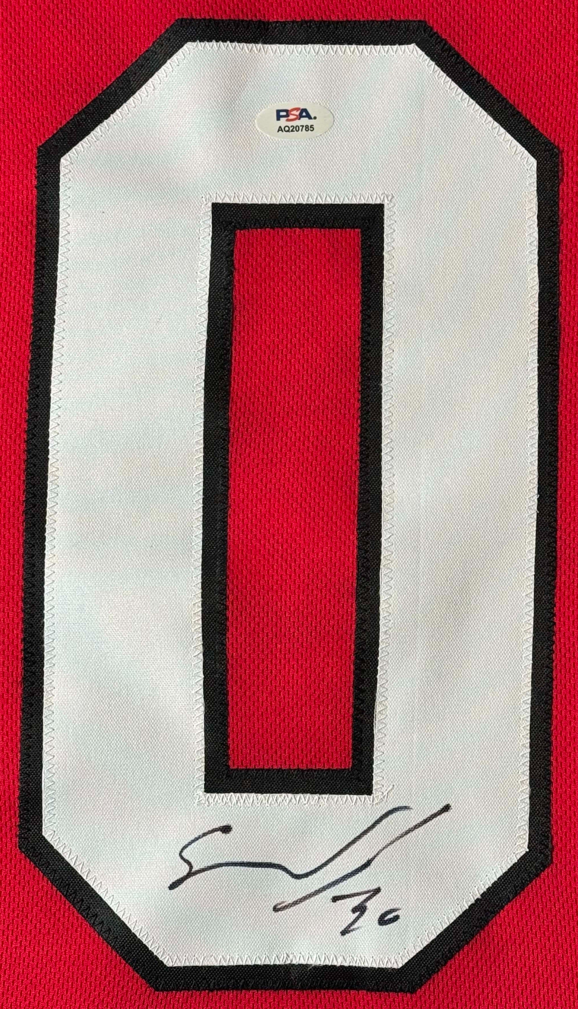 Spencer Knight Signed Chicago Blackhawks Jersey Framed PSA COA - Close up of Number