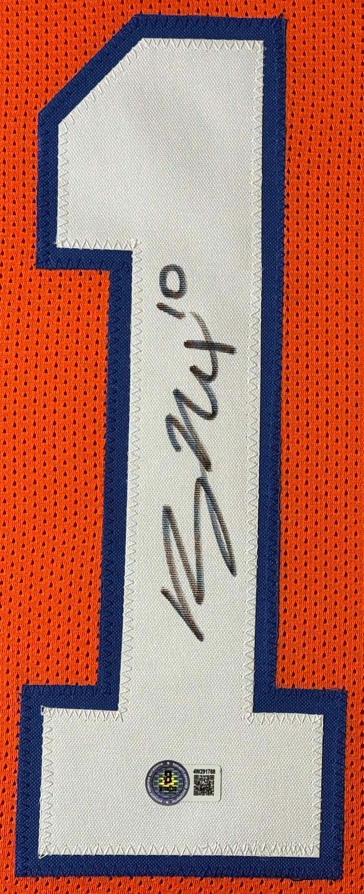 Bo Nix Signed Denver Broncos Jersey Framed Beckett COA - Close up of Number