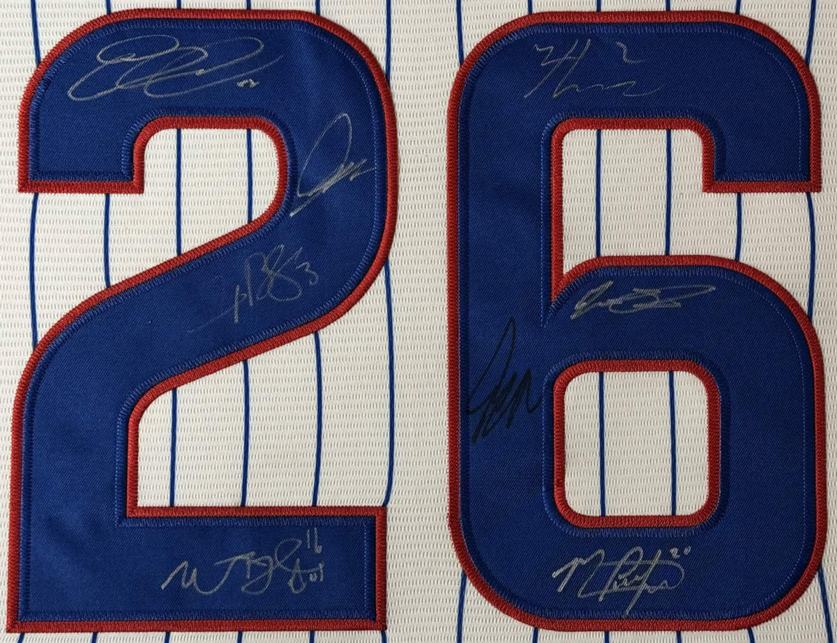 Cubs 2026 Team Signed Chicago Cubs Nike Jersey Framed PSA LOA & COA - Close up of Number