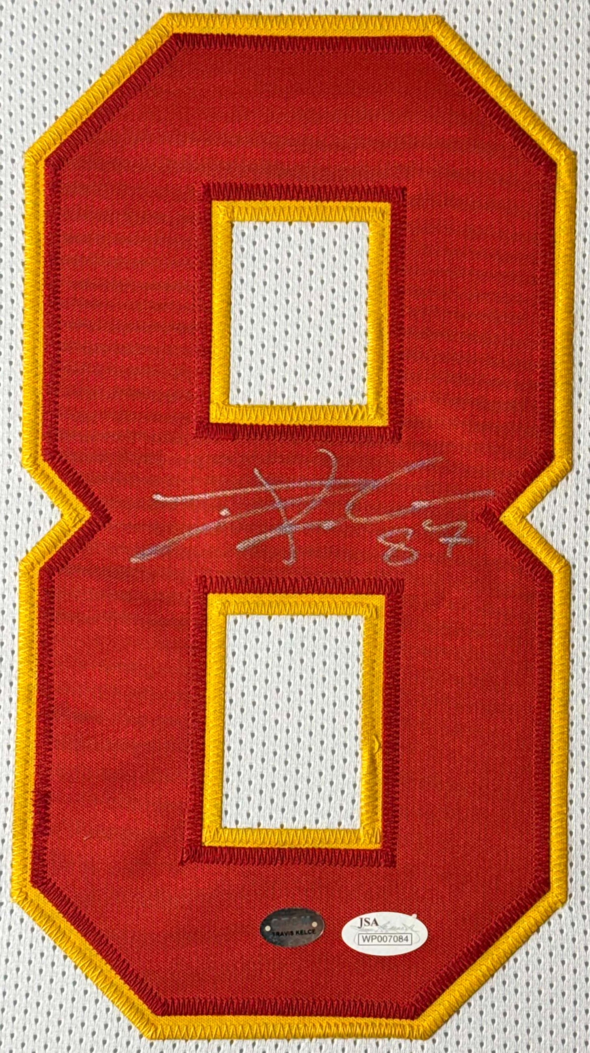 Travis Kelce Signed Kansas City Chiefs Jersey Framed JSA & GTSM COA - Close up of Number