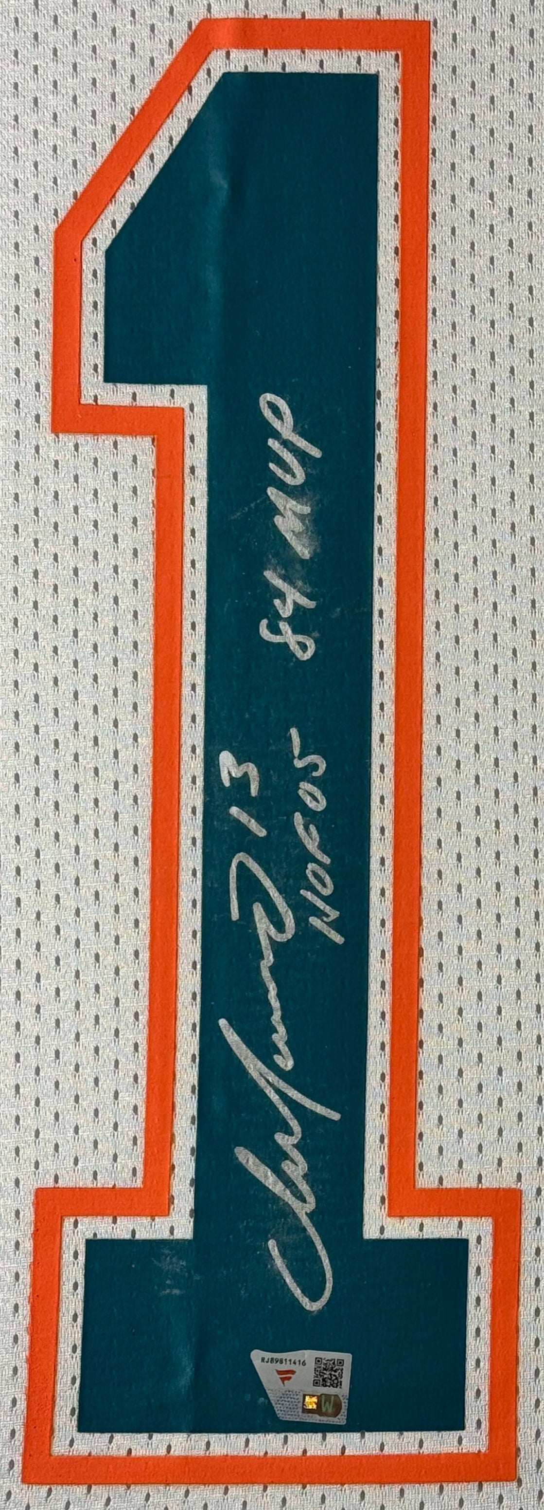 Dan Marino Signed Miami Dolphins Mitchell & Ness Jersey Framed Fanatics COA INSCRIBED - Close up of Number