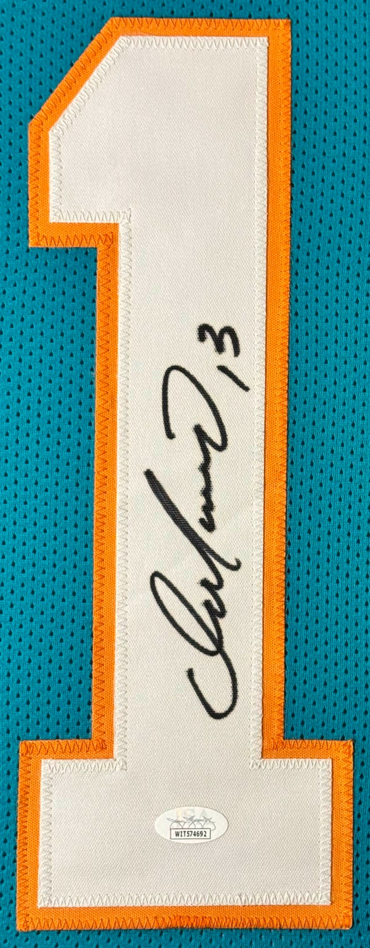Dan Marino Signed Miami Dolphins Jersey Framed JSA COA - Close up of Number