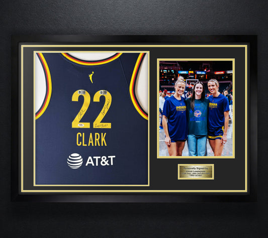Caitlin Clark, Sophie Cunningham, And Lexie Hull Signed Indiana Fever Nike Jersey Framed PSA & SWAU COA - Photo of frame